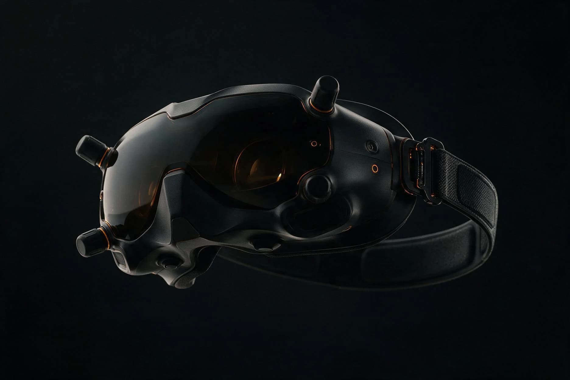 A pair of Skychaser VR flight goggles, matte black against a dark studio ground